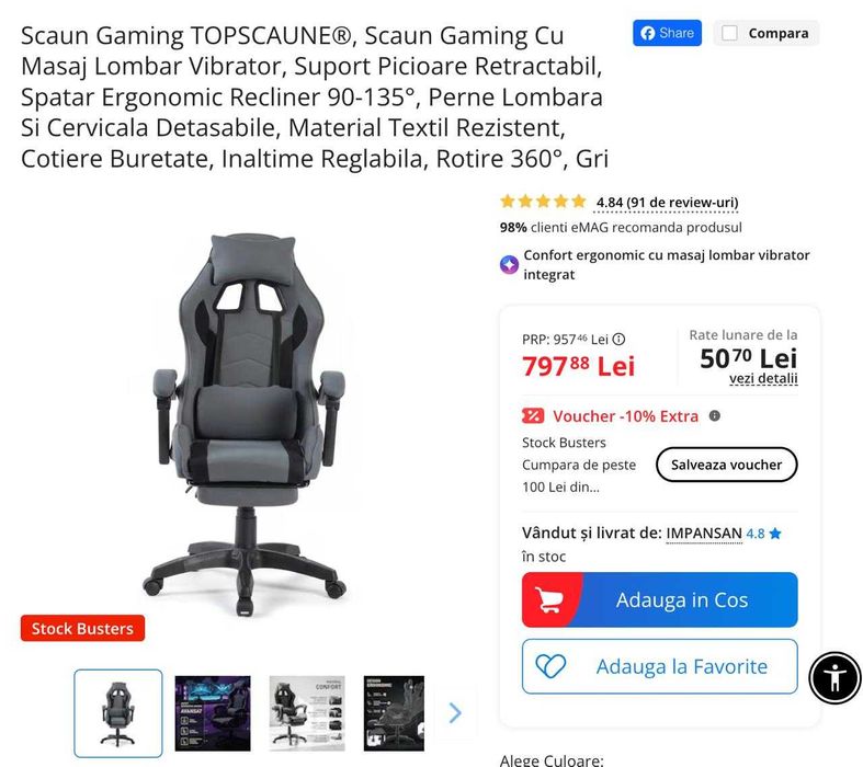 Scaun gaming TOPSCAUNE gri, cu masaj lombar și suport pentru picioare