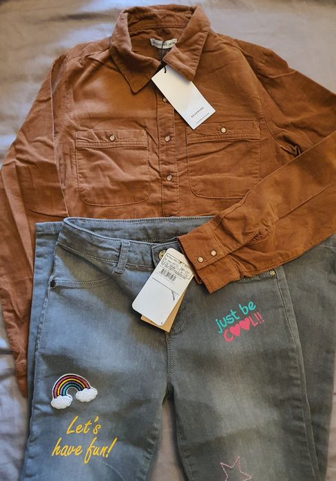 Pantaloni blugi, camasa raiat fete, 140-146, noi,  Reserved, Waikiki