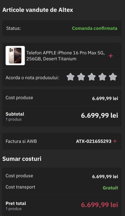Vand iphone 16 pro max gold 256 gb