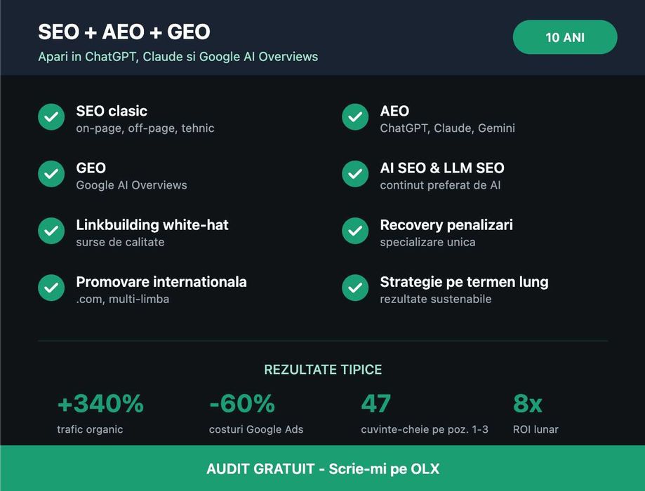SEO + AEO + GEO | Apari în ChatGPT și Google AI