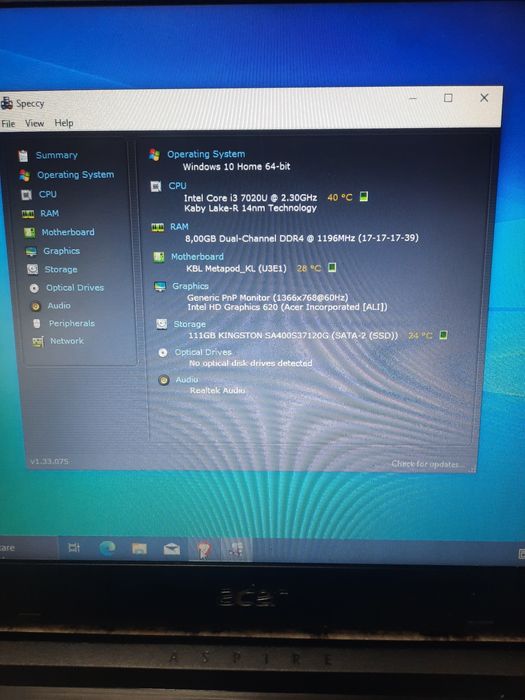 Acer A315 -53  Intel Core I3 gen 7 Rami 8Gb DDR4