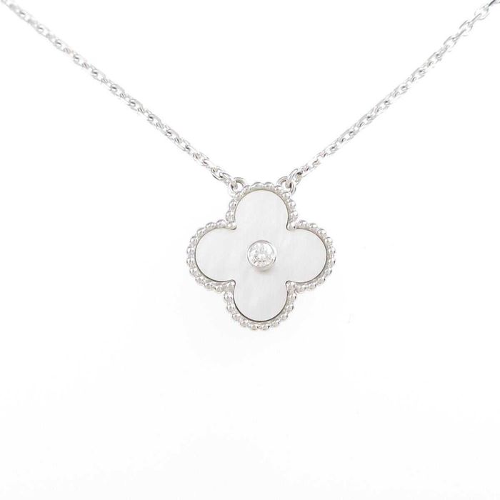 Van Cleef & Arpels VCA Silver Mother Pearl Diamond Clover Дамско Колие