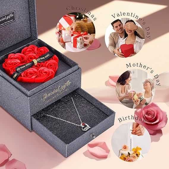 Сребърно колие с камъни в луксозна кутия с вечна роза Подарък за майка
