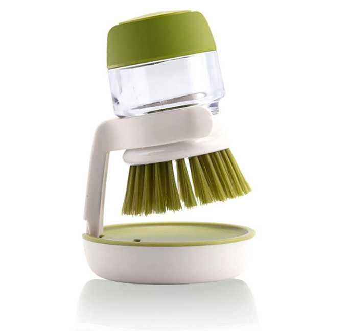 Perie palma cu dispenser de sapun, verde, cu suport depozitare