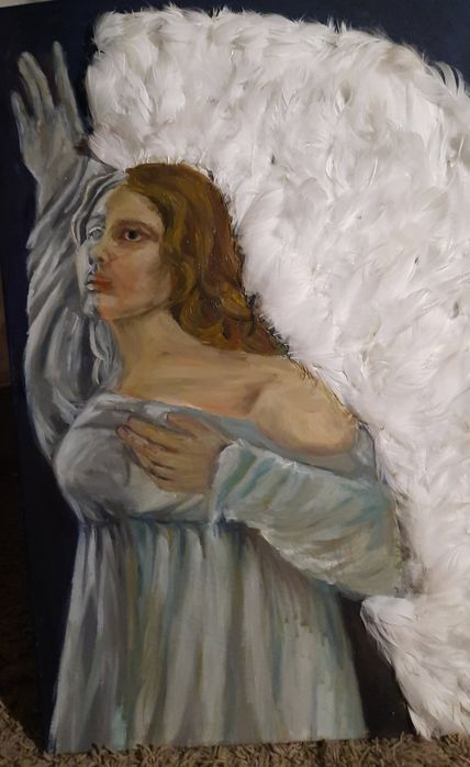 Înger cu Aripi Reale – Pictură în Ulei, Lucrare Unică 50×70 cm