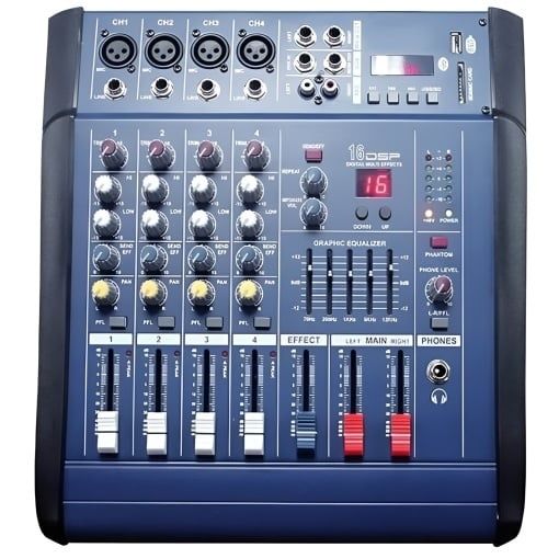 Mixer audio profesional cu amplificare, putere 2x250 W, 4 canale, 16ef