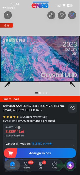 Televizor SAMSUNG LED 65CU7172, 163 cm, Smart, 4K Ultra HD, Clasa G