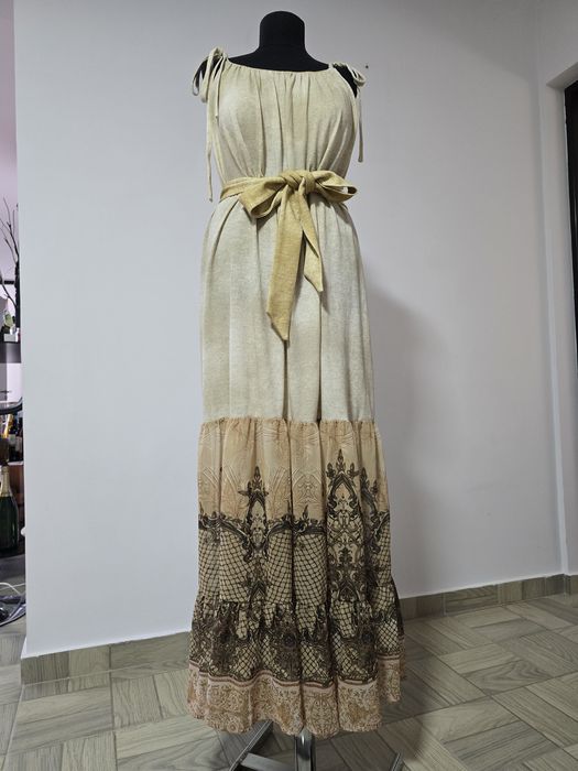 Rochie lunga din bumbac cu volane din sifon, cordon in talie
