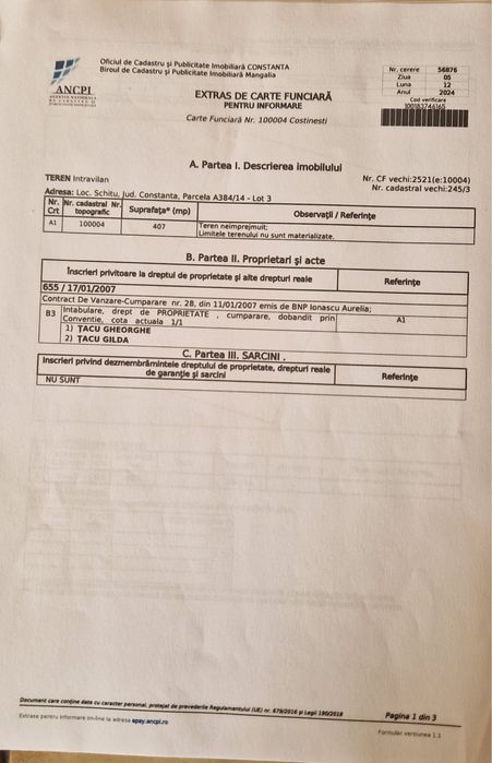 Vand 3 loturi de teren intravilan 407mp Costinesti, Schitu