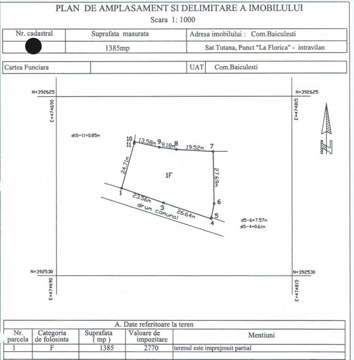 Tutana, 1385mp, intravilan, 50m deschidere asfalt, curent, 10min de A1