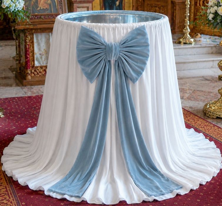 Pachet decor cristelniță botez – fustă voal alb + fundă catifea premium