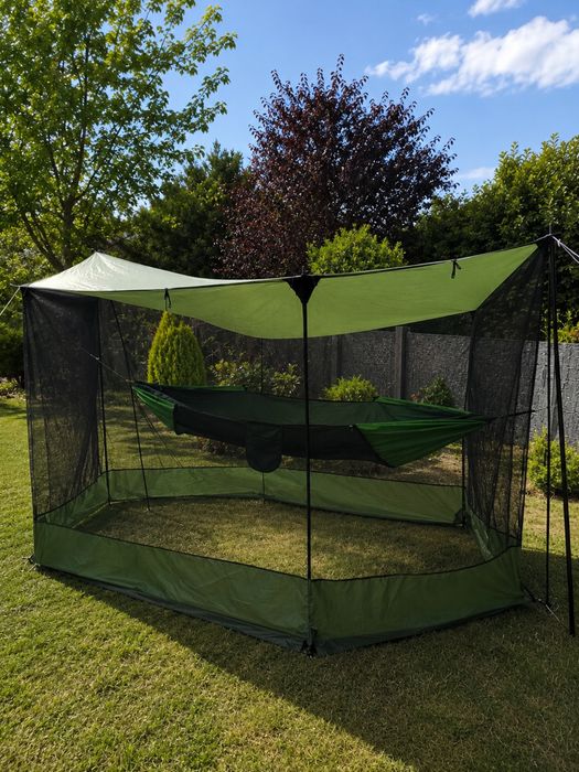 Adapost Cort Pavilion 3×5m Impermeabil cu Plasă Anti-Insecte și Stâlpi – Camping, Grădină, Terasă
