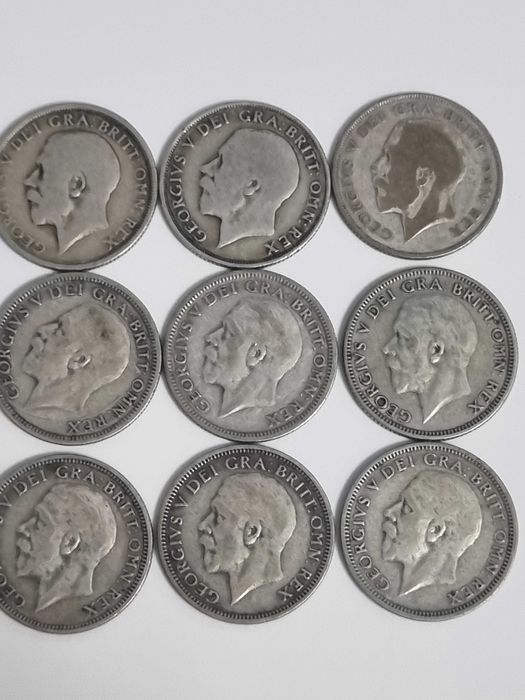 Lot 9 monede Anglia Marea Britanie 9 x 1 shilling 1920-1936 argint
