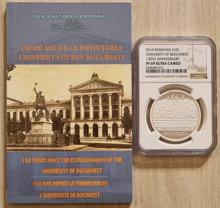 Moneda BNR 10 lei argint Universitatea Bucuresti gradata NGC PF 69