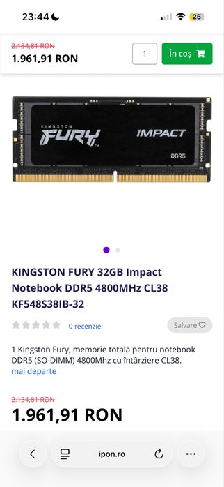 •Memorie RAM Kingston Fury Impact 32GB DDR5, 4800MHz, CL38