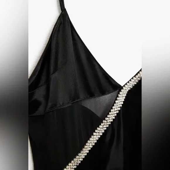 Zara Rochie slip asimetrică seara Satin negru paiete margele Strass