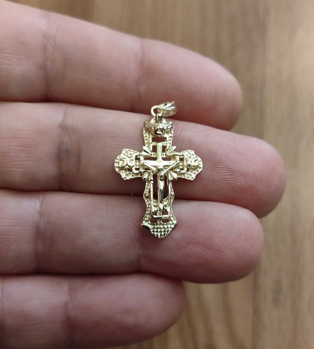 3D златен кръст с разпятието на Исус Христос, Православен кръст изработен от 14 карата жълто злато (585), подарък за кръщене