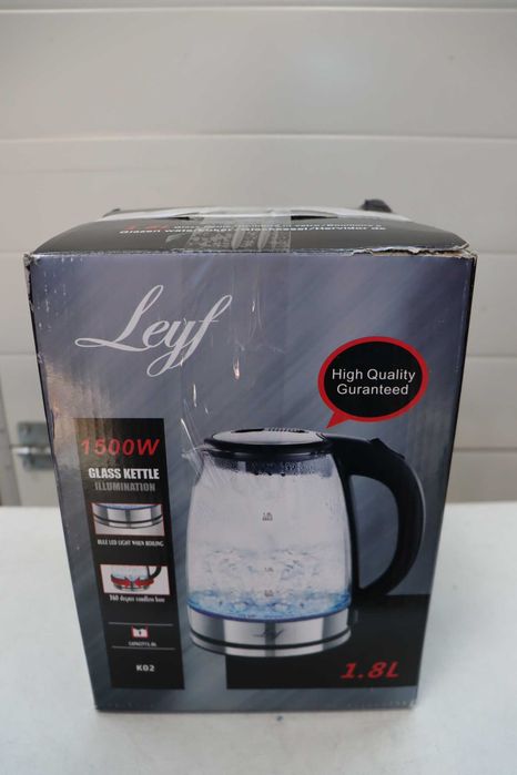 Стъклена кана Leyf 1.8 л - 1500 W, без BPA, въртяща се на 360° основа, LED осветление, автоматично изключване, защита от прегряване, бързо нагряване