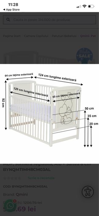 Patut bebe lemn masiv+saltea cocos