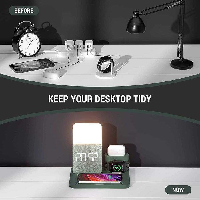 Безжична зарядна станция, 3 в 1, будилник с зареждане, нощна лампа