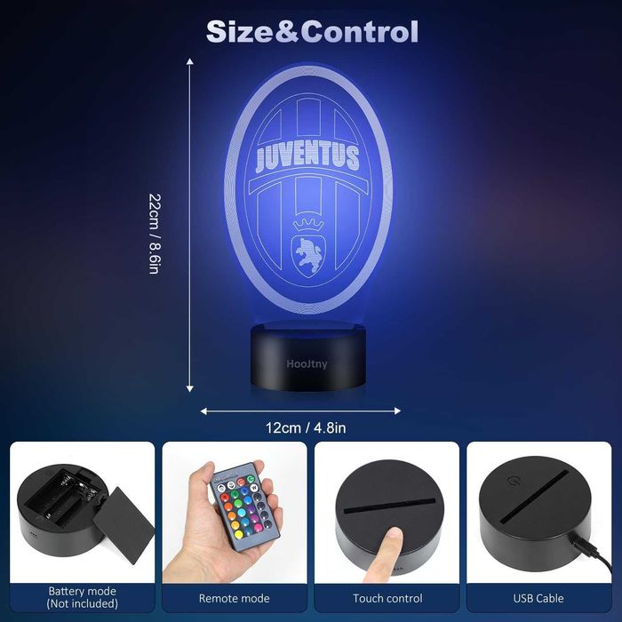 Juventus 3D лампа с дистанционно, 16 цвята димируема