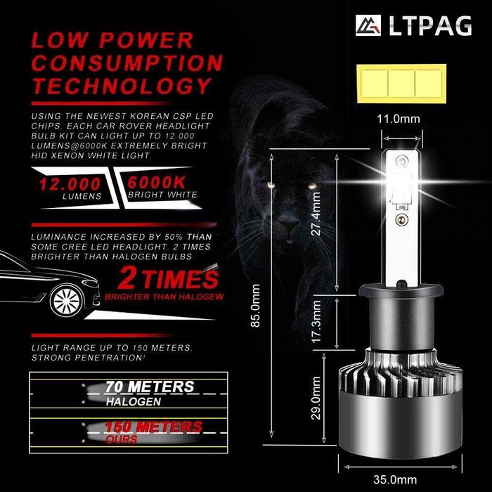 LTPAG H1 LED крушки 72W 12000LM дълги или къси светлини за автомобил