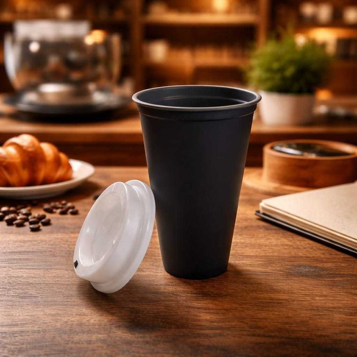 Pahar cafea pentru băuturi calde cu capac, reutilizabil, plastic rigid, practic și rezistent