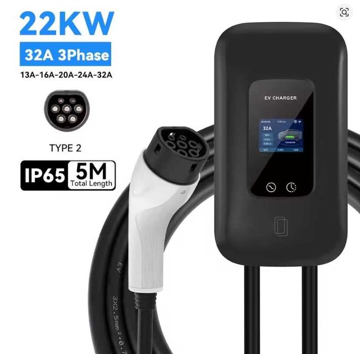 Трифазна зарядна станция за електромобили, 22 кW, нова, с Wi-fi