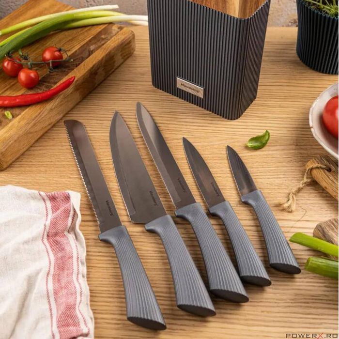 Set de cutite 6 piese cu bloc de salcam, otel inoxidabil, Klausberg