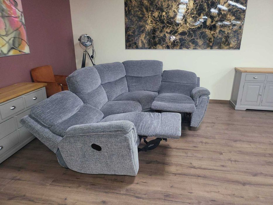 Сив ъглов диван от плат с ръчен релаксиращ механизъм