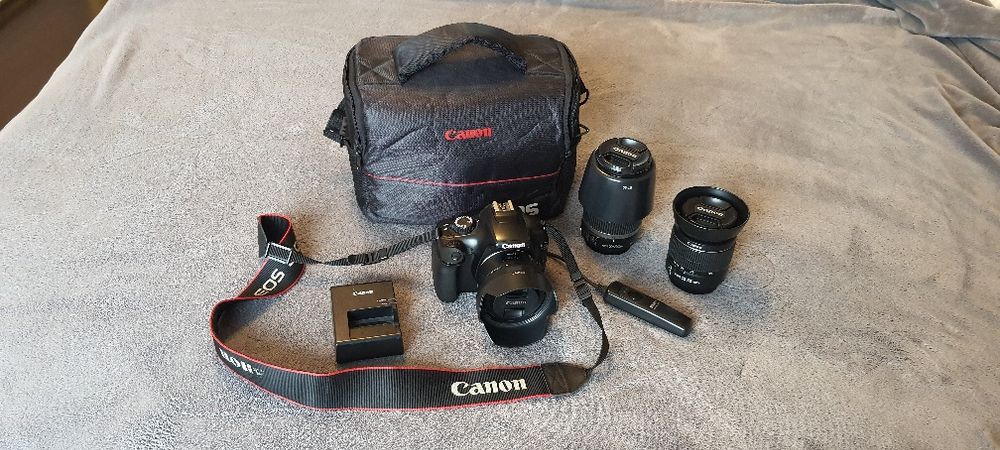 Canon EOS 1100D + 3 обектива (18–55, 55–250, 50mm) + аксесоари