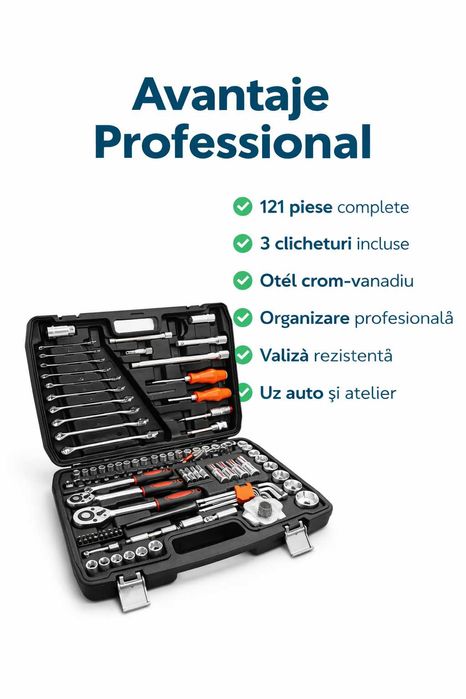 Set Scule PROFESIONAL 121 Piese 1/4 3/8 1/2 – Complet si Robust