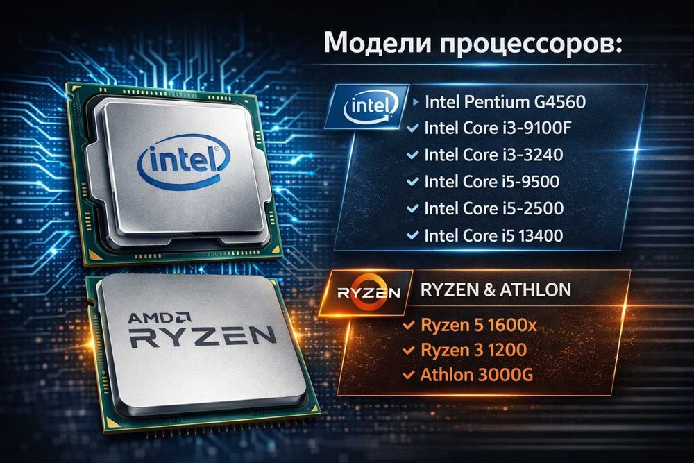 Процессоры Intel Core i3, i5 / AMD Ryzen 3, Ryzen 5 / Pentium / Athlon