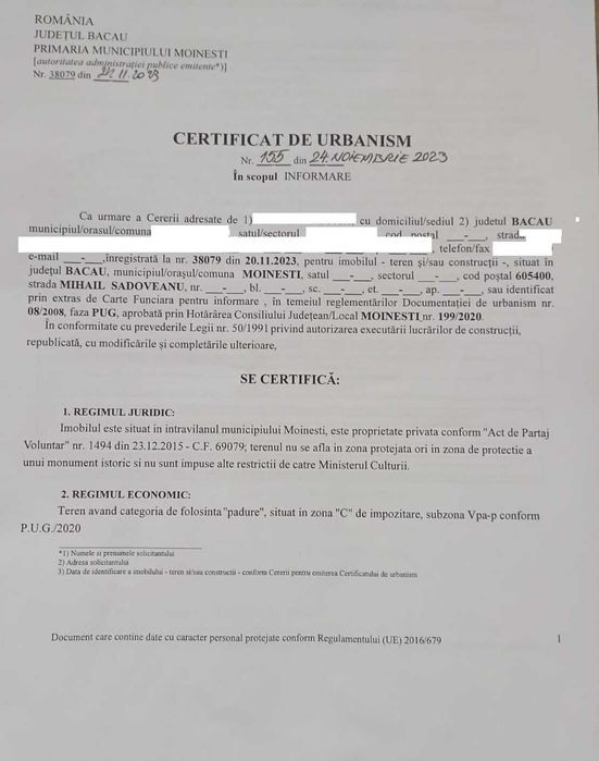 Teren Intravilan 5000mp, Moinesti, Str. M. Sadoveanu