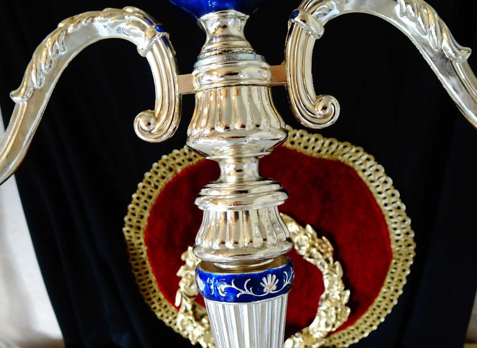 Посребрен троен свещник,рози,кобалт,рококо.