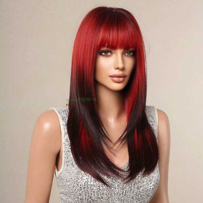Ефектна омбре перука черно червена с бретон 60 см