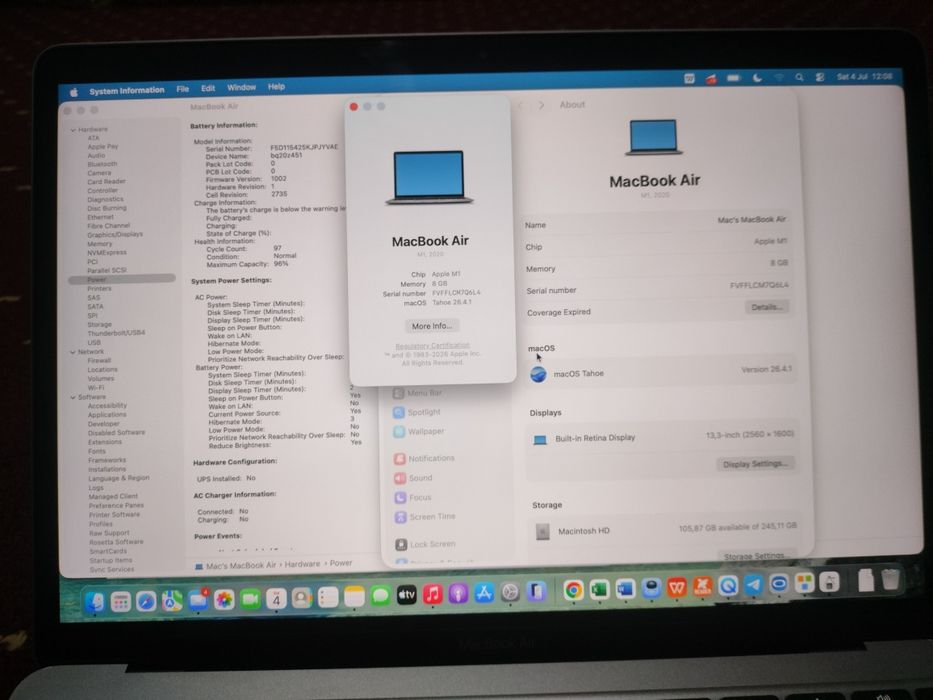 MacBook Air M1 13.3" 8/256 GB Space Gray (LL/A) — Batareya 96%