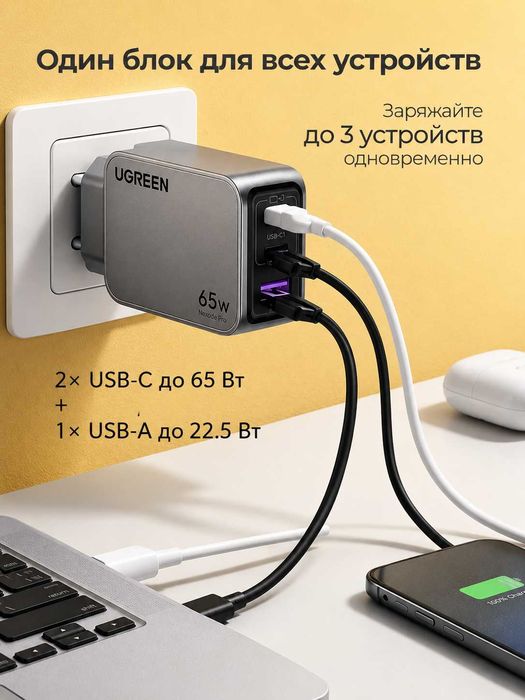 Зарядное устройство UGREEN X755 65W GaN 3 порта быстрая зарядка