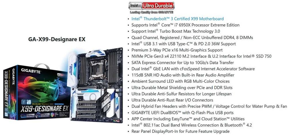 Дъно Дънна платка GIGABYTE GA-X99-Designare EX 2011-3 X99 до 128GB DDR4