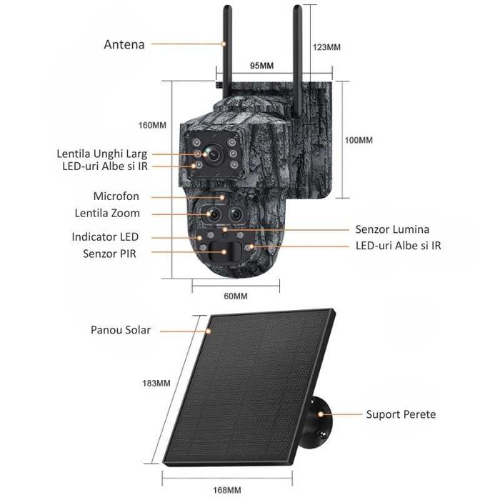 Camera de Vanatoare Dubla cu ZOOM 15x, SIM 4G, Solara, Baterie 7800mAh
