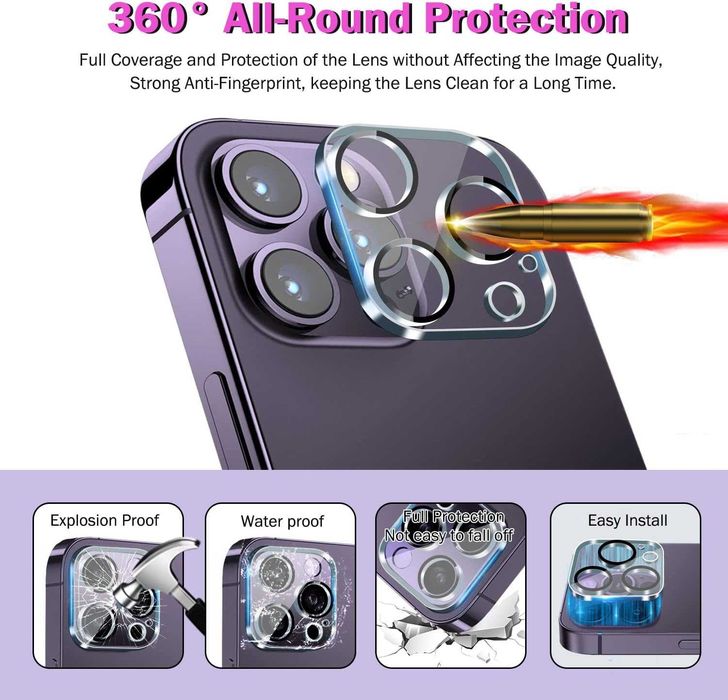 QHOHQ 3 стъклен протектор + 3 защита за камера iPhone 14 Pro Max 6.7"