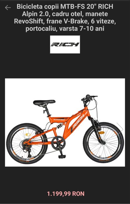 Bicicleta copii MTB-FS 20" RICH Alpin 2.0