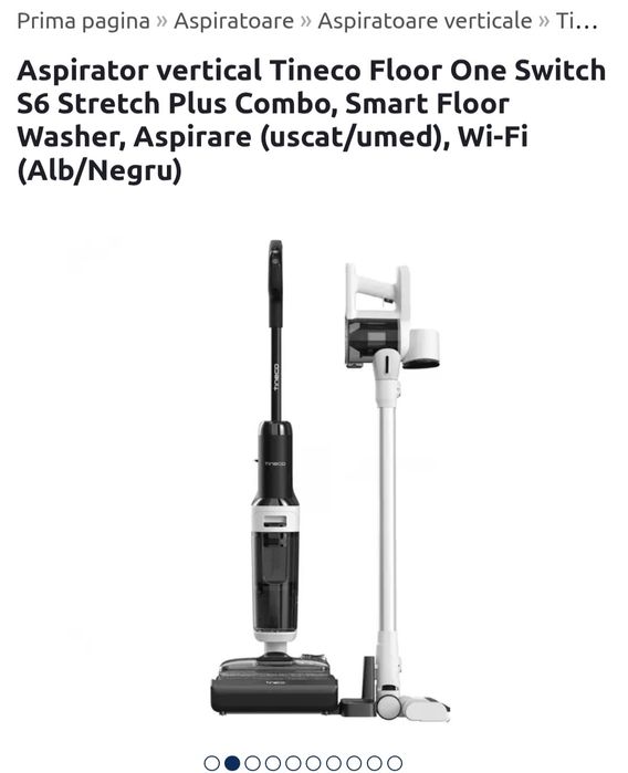 Aspirator vertical Tineco Floor One Switch S6 Stretch Plus Combo, Smart Floor Washer, Aspirare (uscat/umed), Wi-Fi (Alb/Negru)