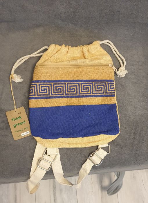 Rucsac din in Think green  bej cu albastru