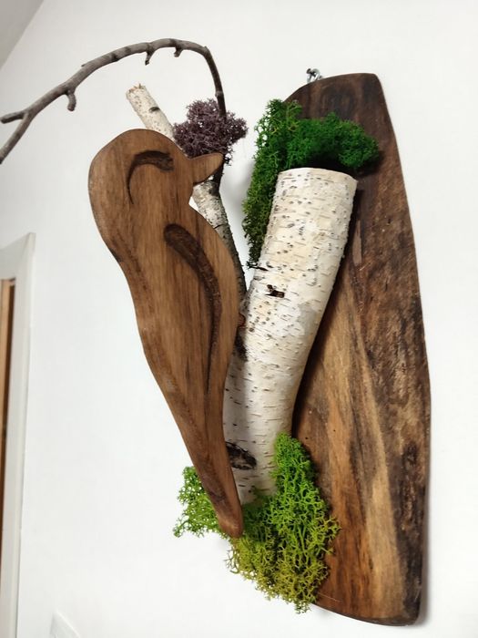 Декорация птици от бреза със скандинавски мъх -бухал, врабче,кълвач