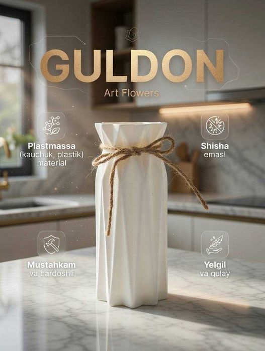 Tabiiy va sun’iy gullar uchun guldon vaza, plastik, kauchuk material