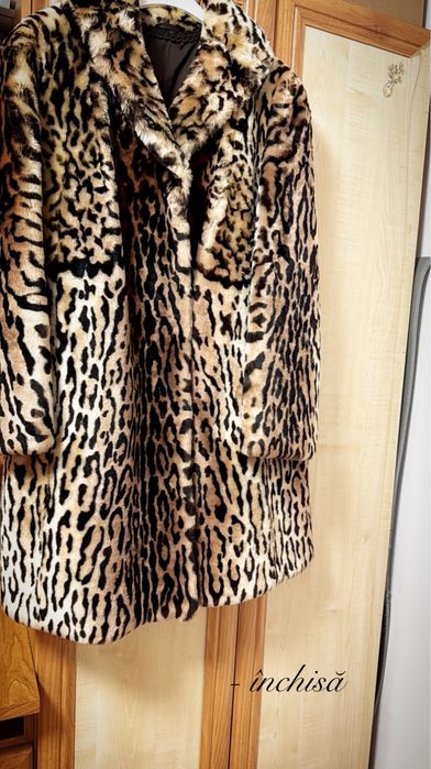 Palton din blana naturala, imprimeu leopard, marime 46-48 XXL