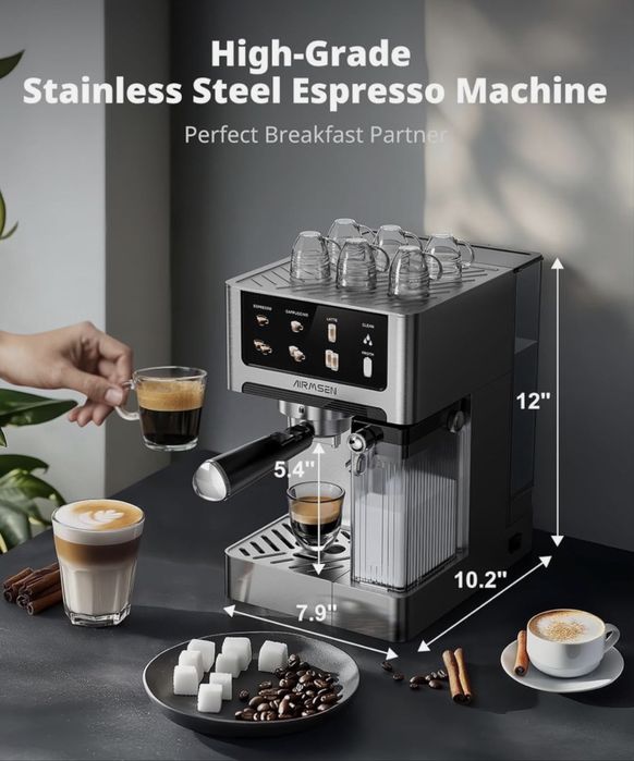 Професионална Еспресо Машина, 20 Бара, 1350 W, Сензорен Екран