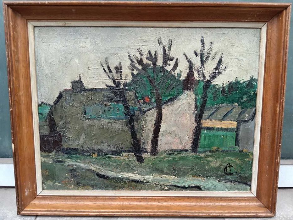 Tablou vechi - case la marginea satului - semnat in  AC ( Ciucurencu)