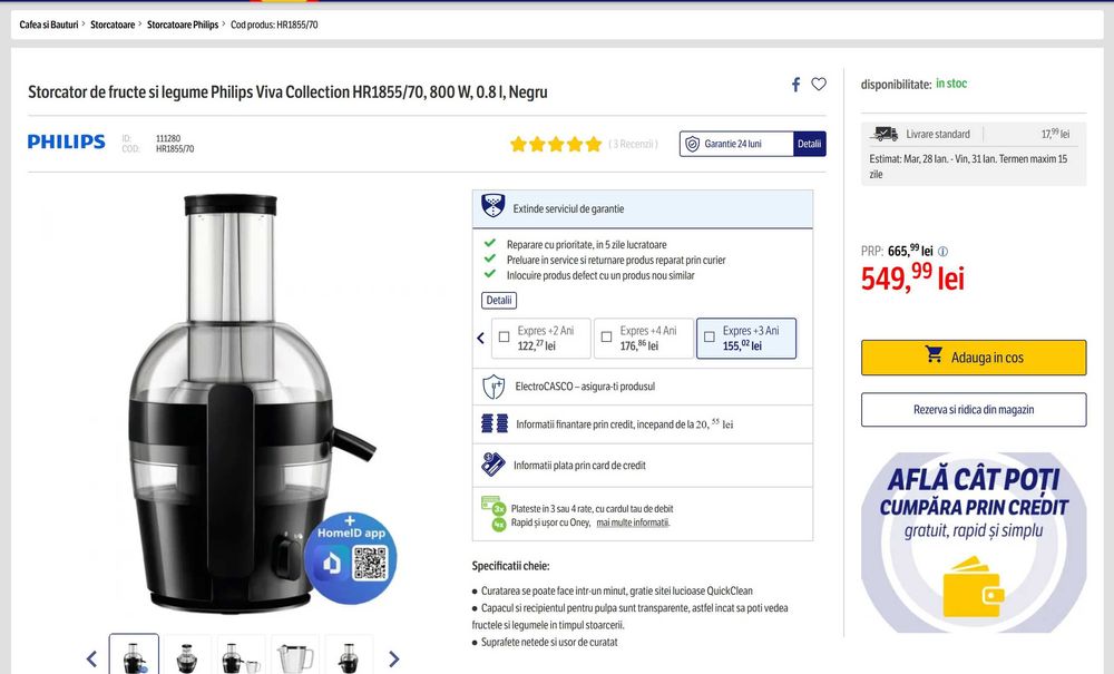 Storcător de Fructe și Legume (!) Philips, motor puternic - 800W